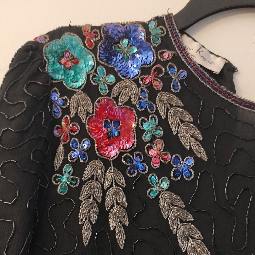 80s Laurence Kazar Black Silk Blouse Floral Sequin Embroidery Sparkly Holiday PS - Picture 3 of 7
